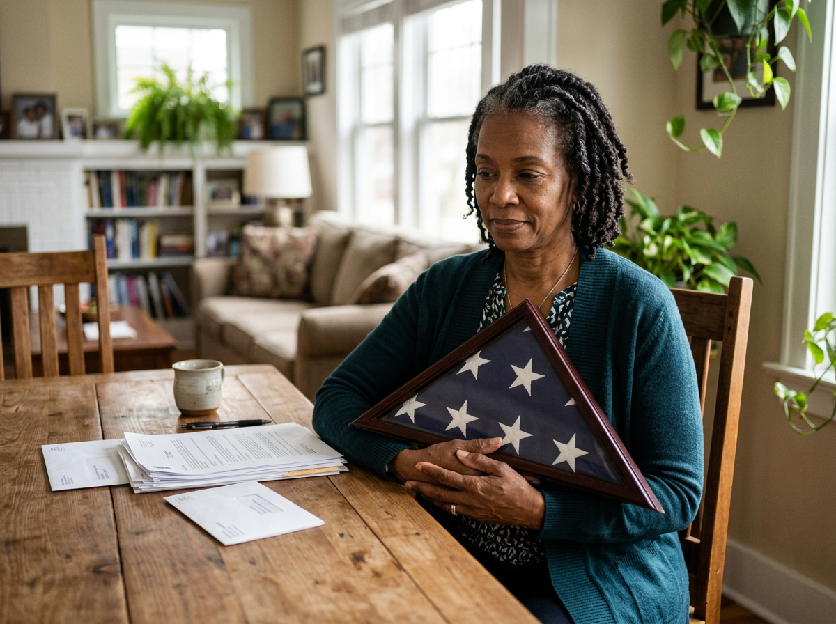 Surviving spouse holding a folded memorial flag beside a stack of survivor benefit paperwork