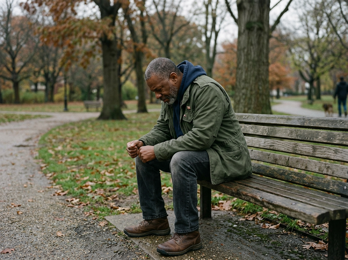 Black male veteran sitting alone on park bench showing depression and isolation