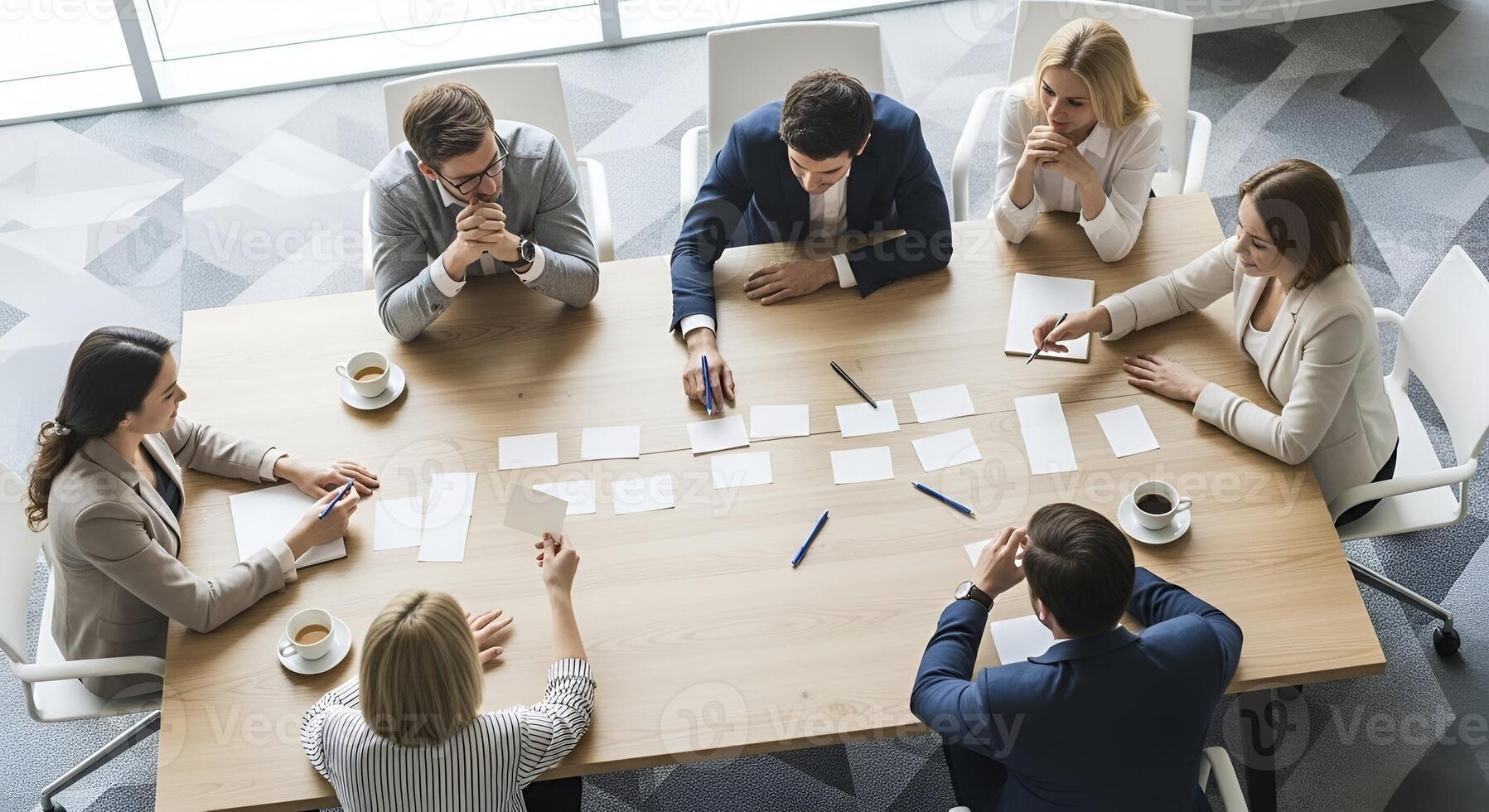 Team collaborating around a table with sticky notes and planning materials in a warm modern office