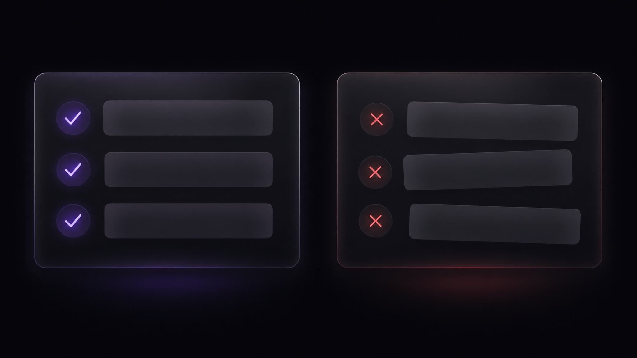 Two glass panels compared side by side, the left with three neatly aligned rows marked by violet check marks and the right with three misaligned rows marked by red crosses, showing consistent versus inconsistent business listing details