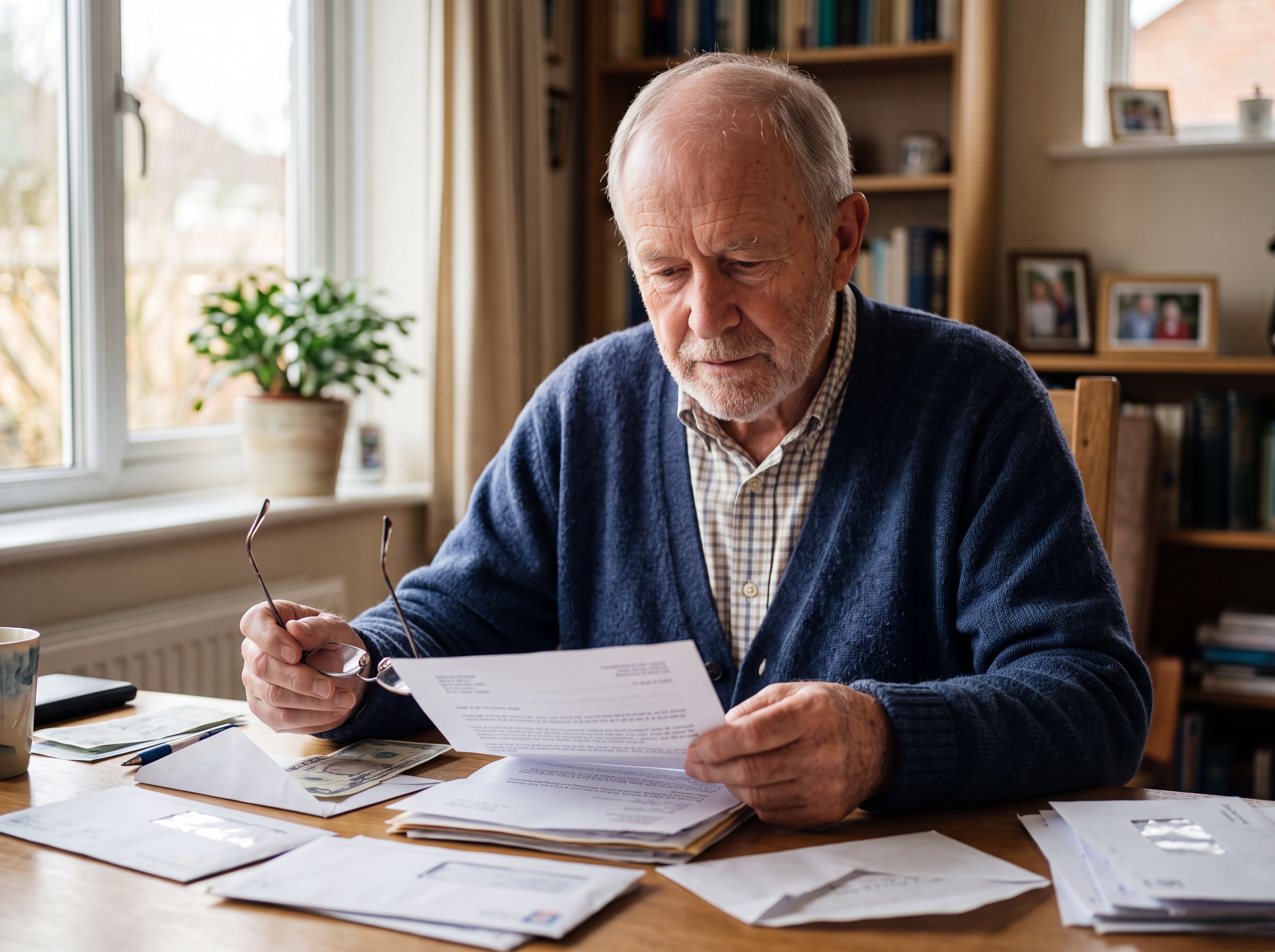 A senior veteran carefully reviewing personal mail and documents to protect their privacy