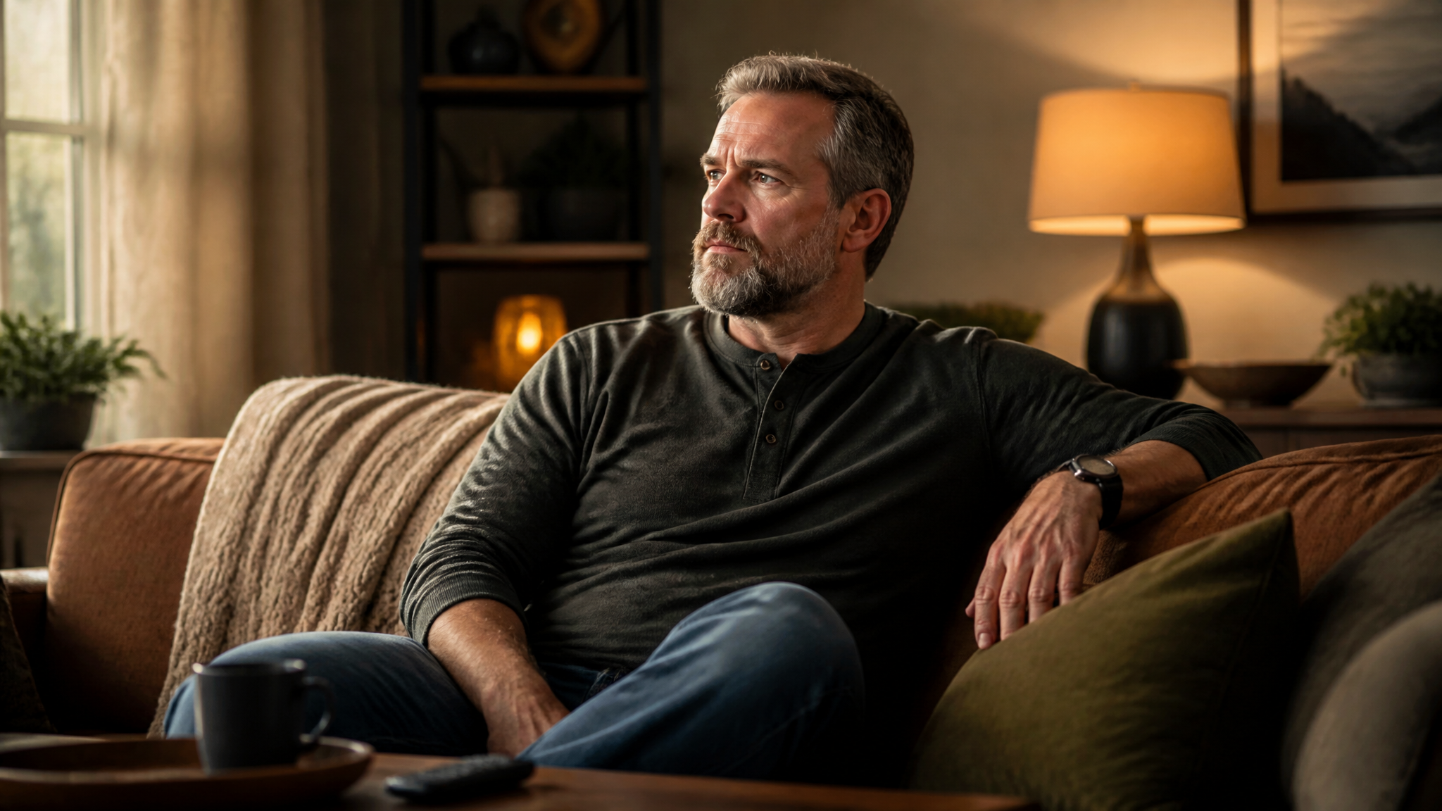 White male veteran sitting on couch looking distant and thoughtful in warm home interior