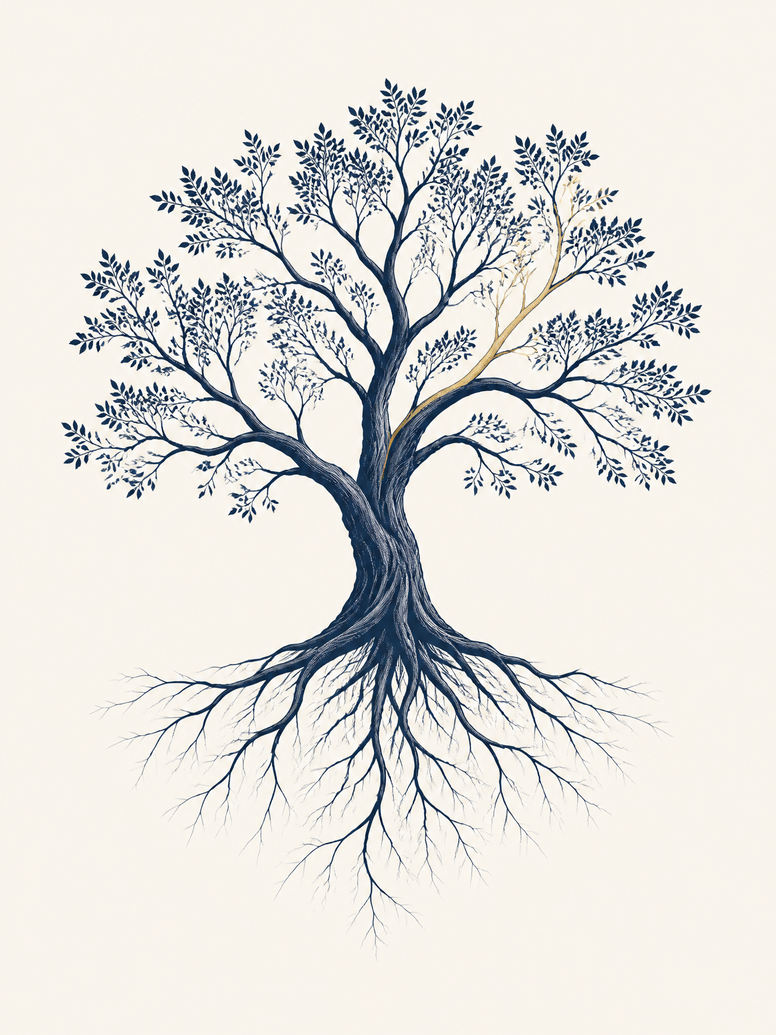 Abstract stylized tree with roots and branches in navy and gold, symbolizing long-term foundations