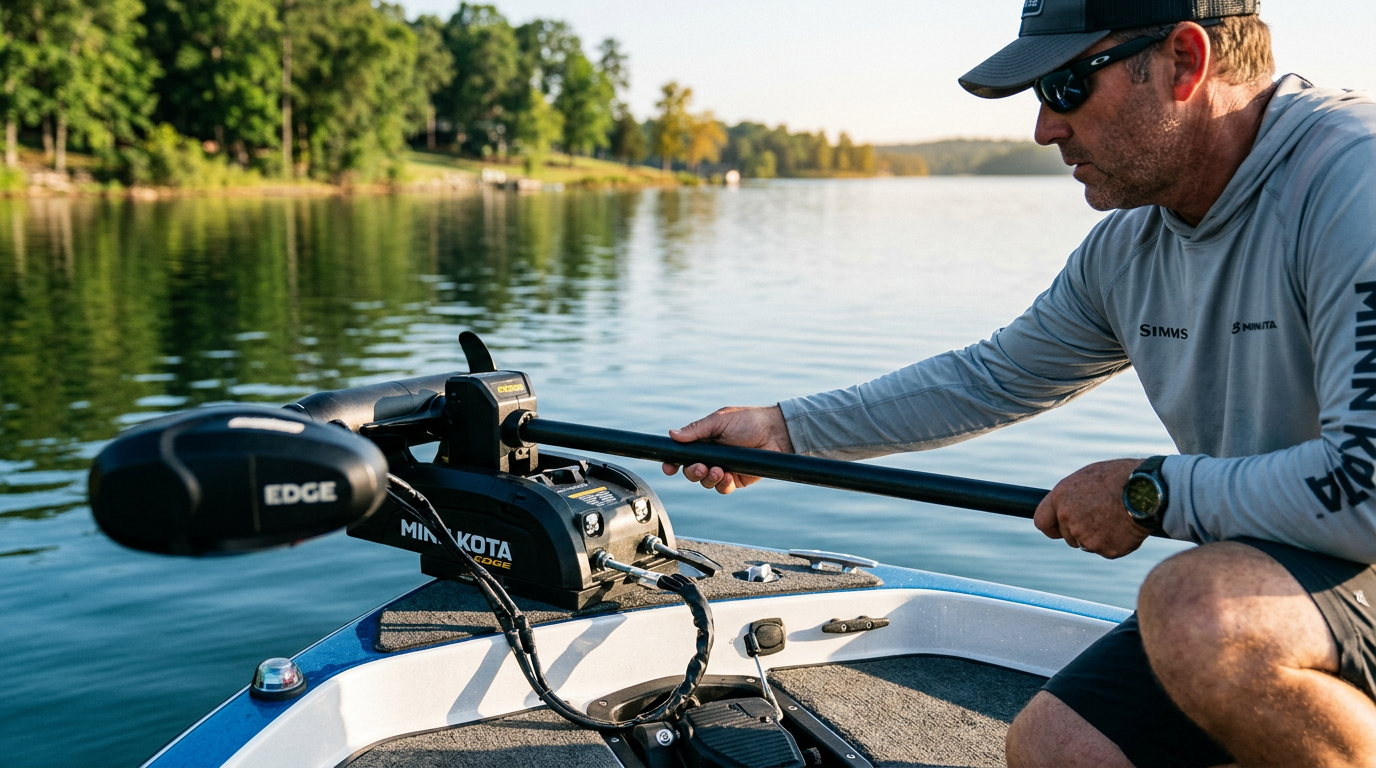 Angler installing a Minn Kota Edge bow-mount trolling motor and measuring shaft length against the waterline