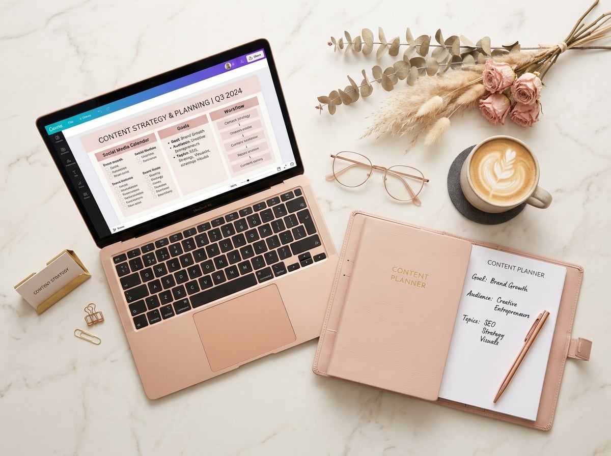 Elegant workspace with roses and planning materials in muted rose gold and cream tones