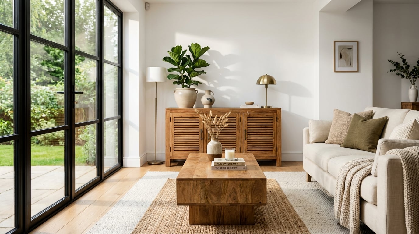 Modern living room with solid mango wood furniture