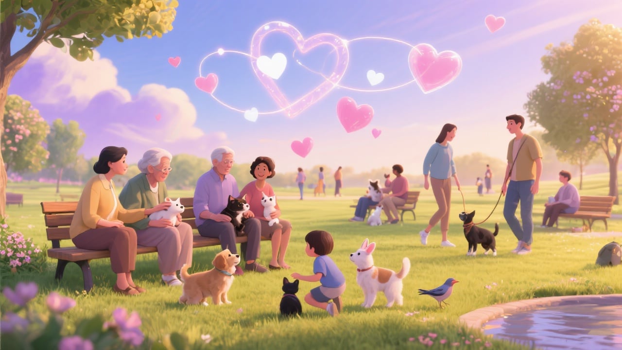 Community scene with pets and owners sharing peaceful moments, floating hearts, pastel blue-lavender, By RedLobito.com