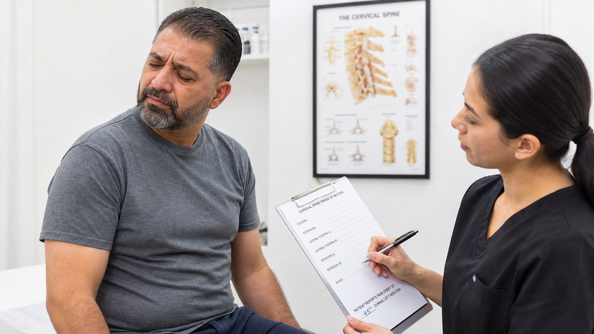 Middle Eastern male patient wincing and stopping mid-motion while turning his head as a clinician records the degree neck pain begins