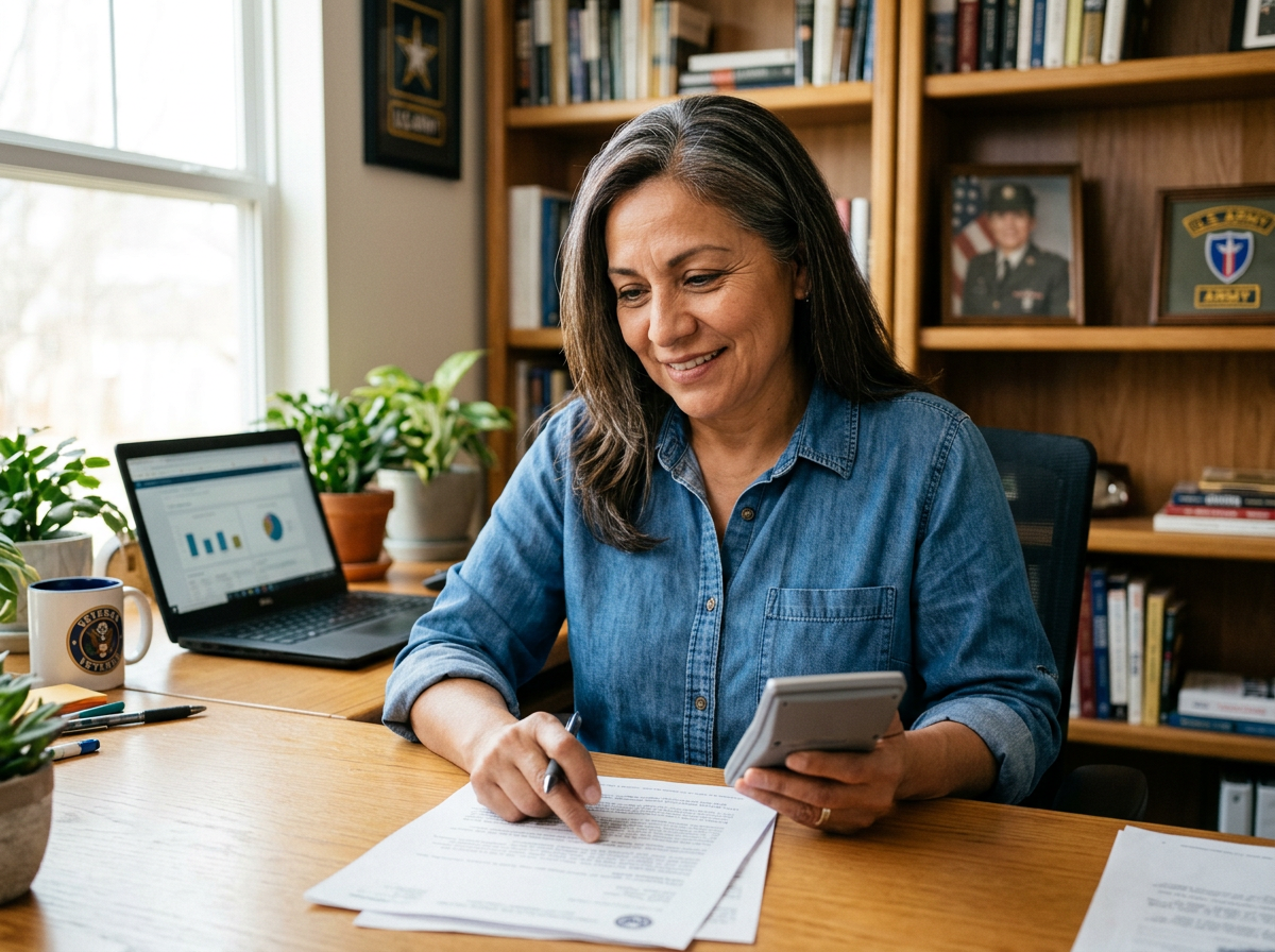 Veteran at her desk comparing a VA rating decision letter with a calculator
