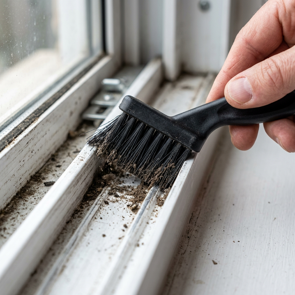 Crevice brush scrubbing dirt out of a sliding window track