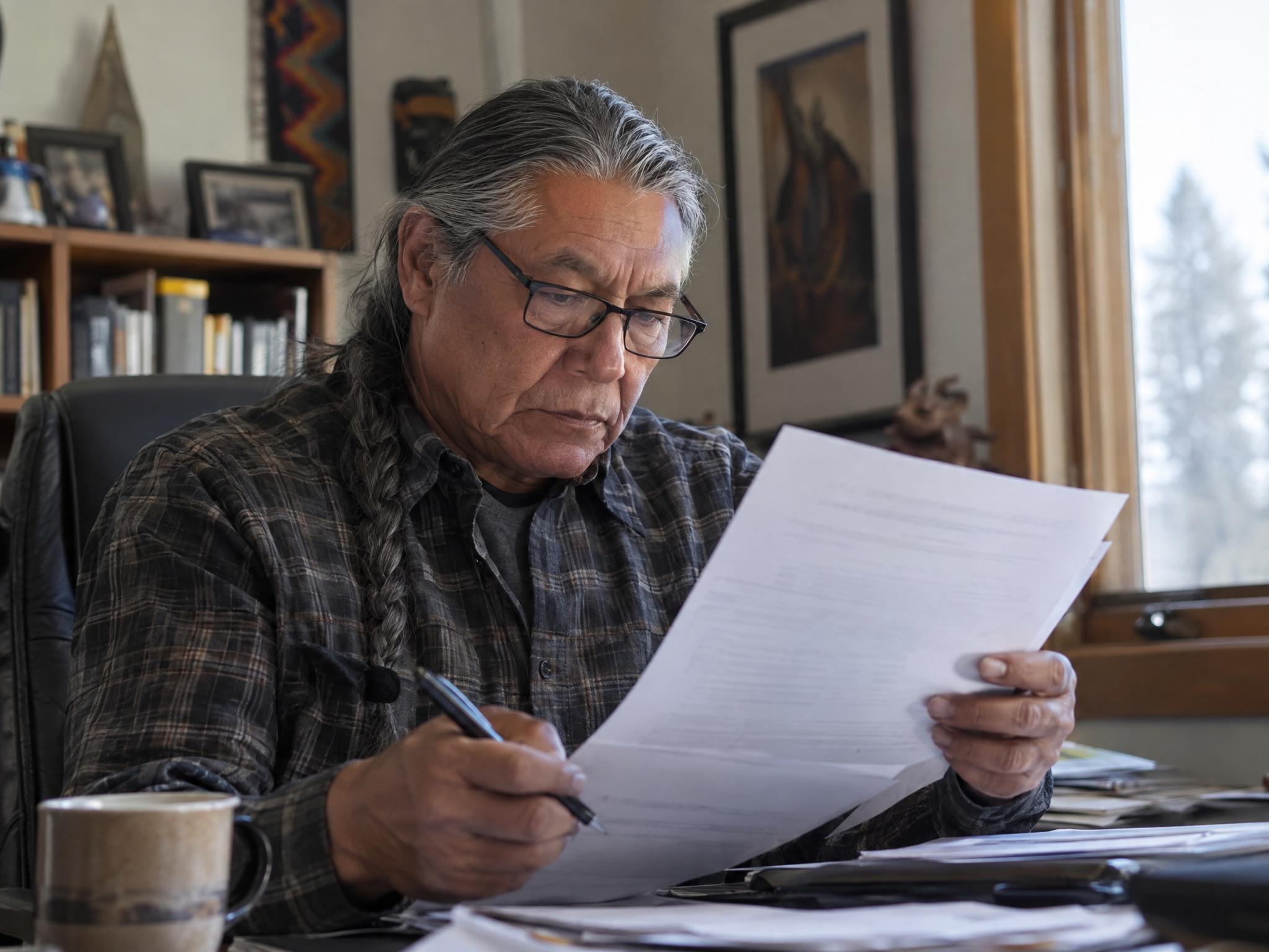 Veteran reading his C&P exam report closely with a pen in hand