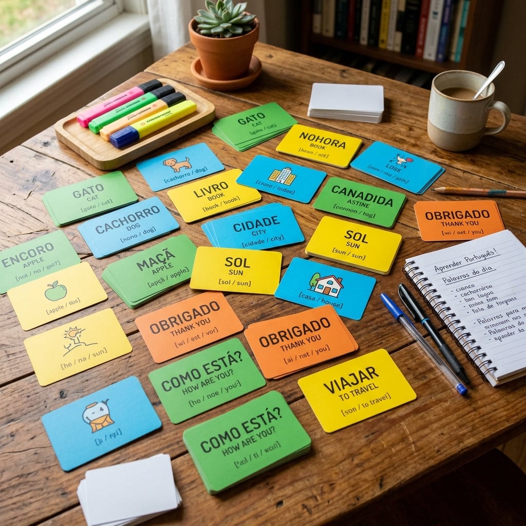 Colorful Portuguese flashcards spread on study table