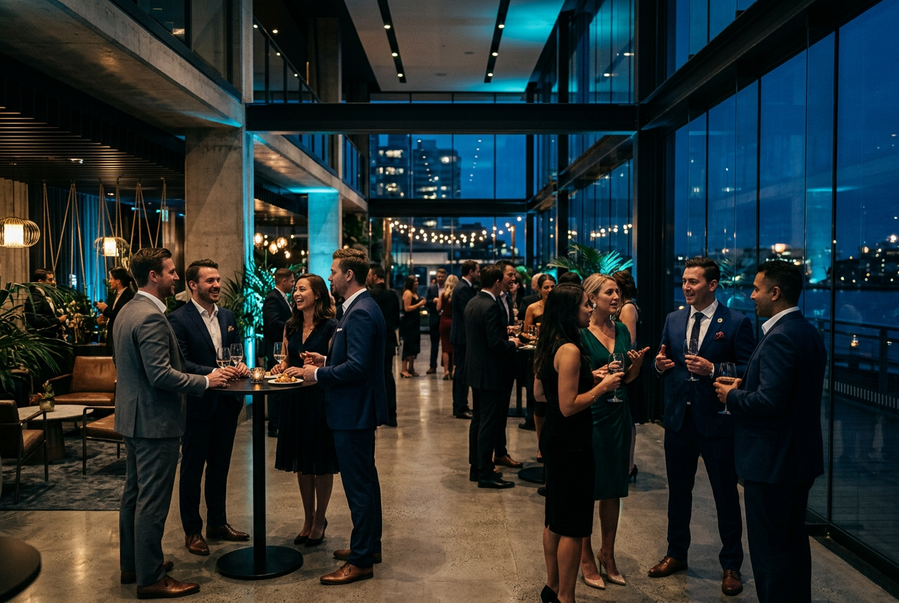 Professional film industry business meeting and networking at an elegant festival hub