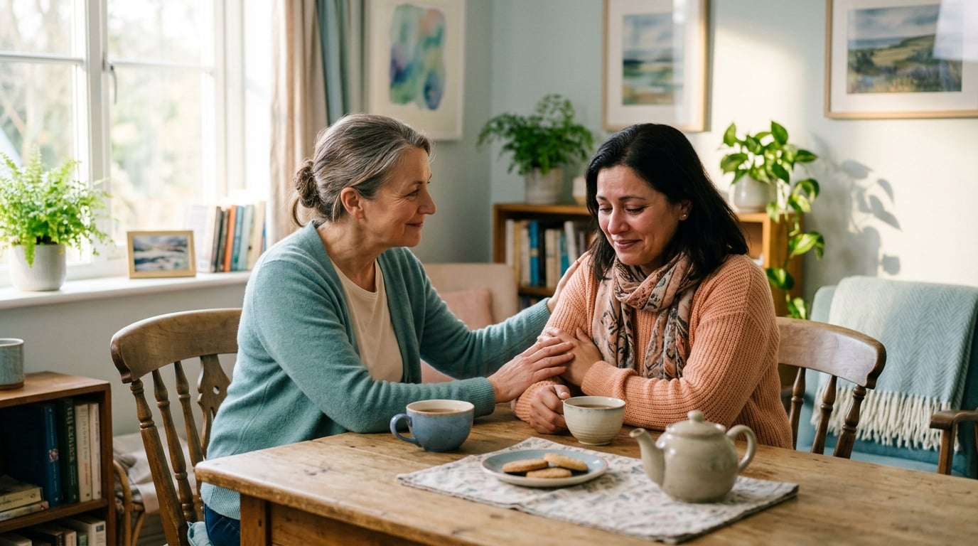 Two people sharing a supportive moment over a cup of tea in a calm, sunlit room
