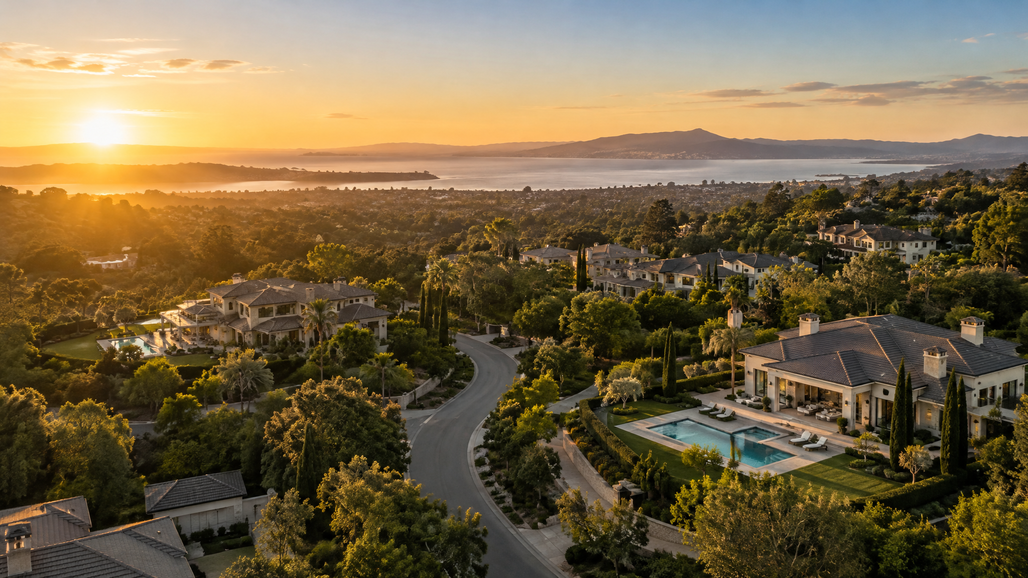 Aerial view of upscale residential properties at golden hour
