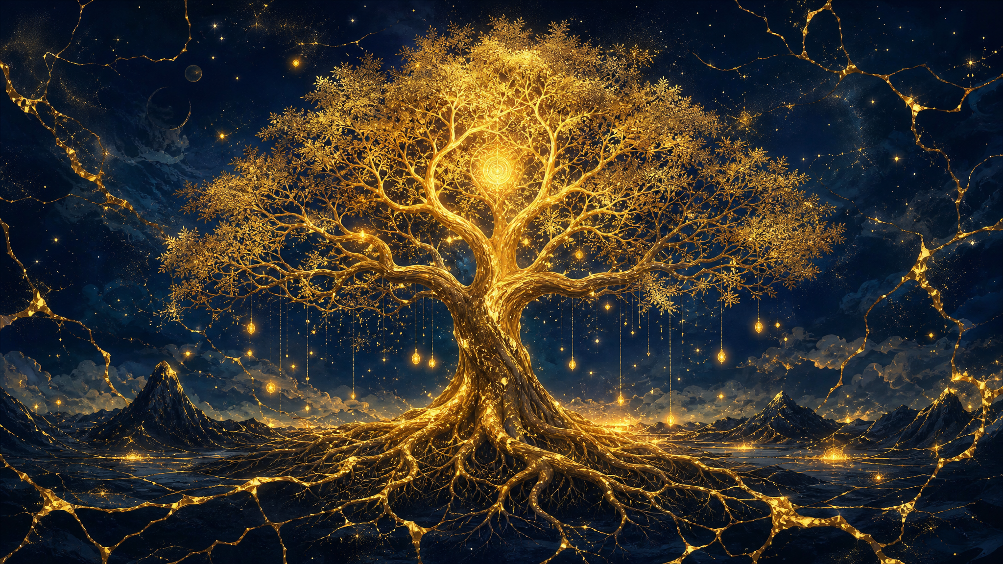 Albero della vita dorato su sfondo blu notte — simbolo del Metodo Luce Quantica