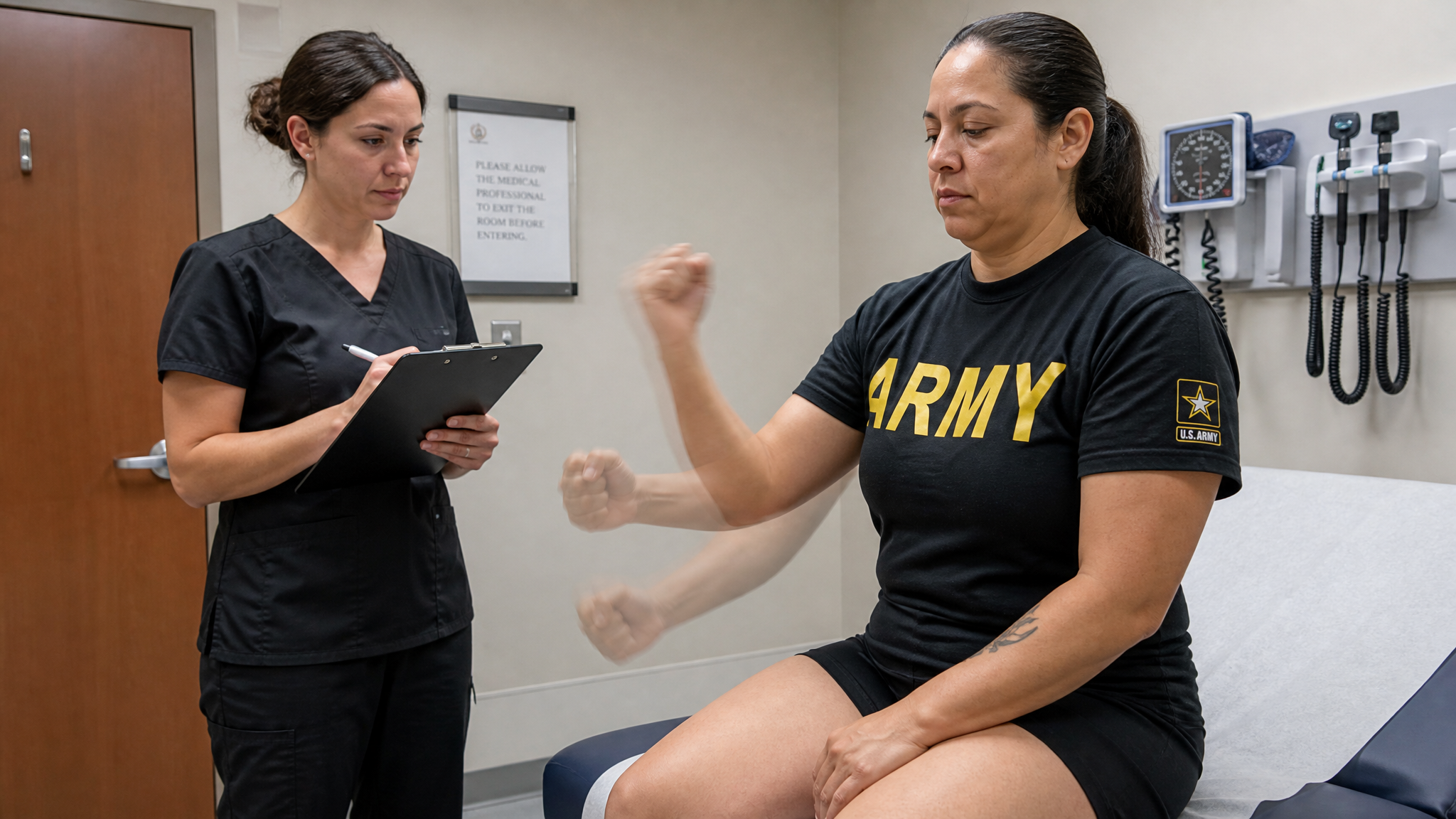 A veteran performing repeated elbow flexion movements during an exam while a clinician records progressive findings