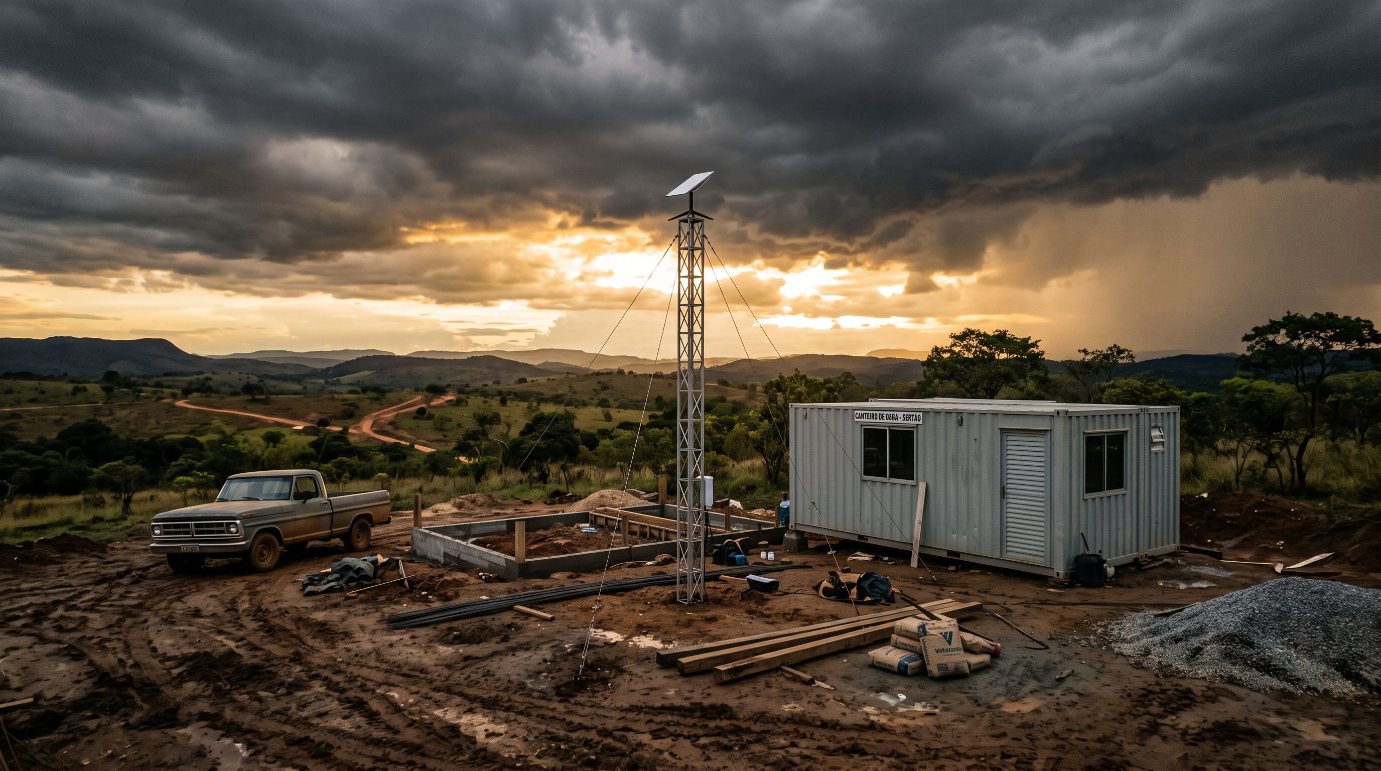 Canteiro de obras rural com antena Starlink Mini instalada