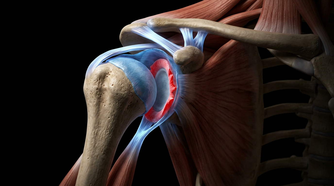 A detailed 3D anatomical render of a human shoulder joint on a black background, showing the humeral head partially displaced from the glenoid socket with a torn labrum highlighted in red