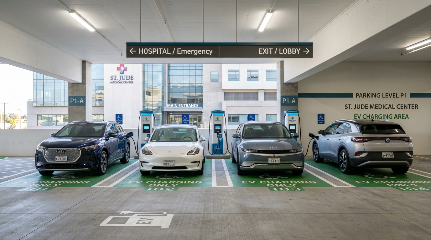 EV charging stations in a hospital parking structure