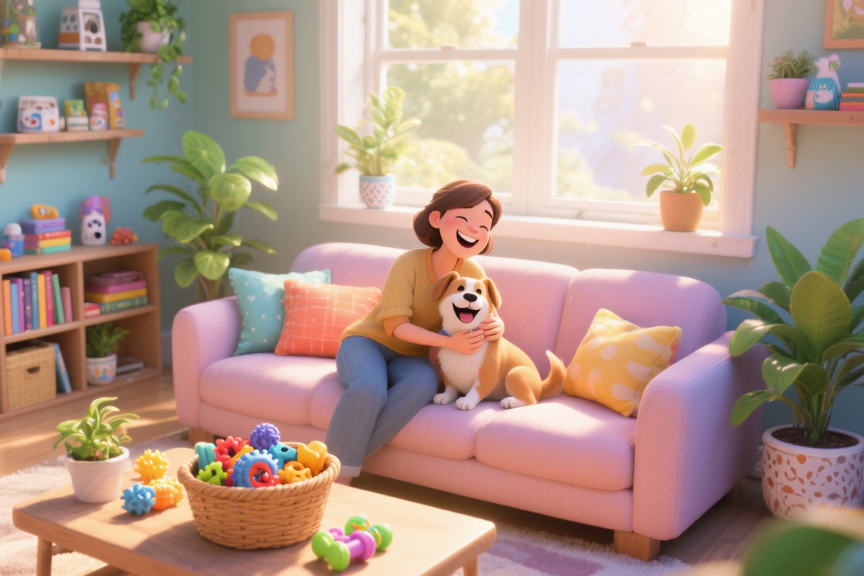A cheerful pet owner and their happy dog relaxing together in a cozy, organized living room on a sunny Sunday morning. The scene is vibrant, animated, and inviting, perfect for a Sunday Reset Pet Routine blog.