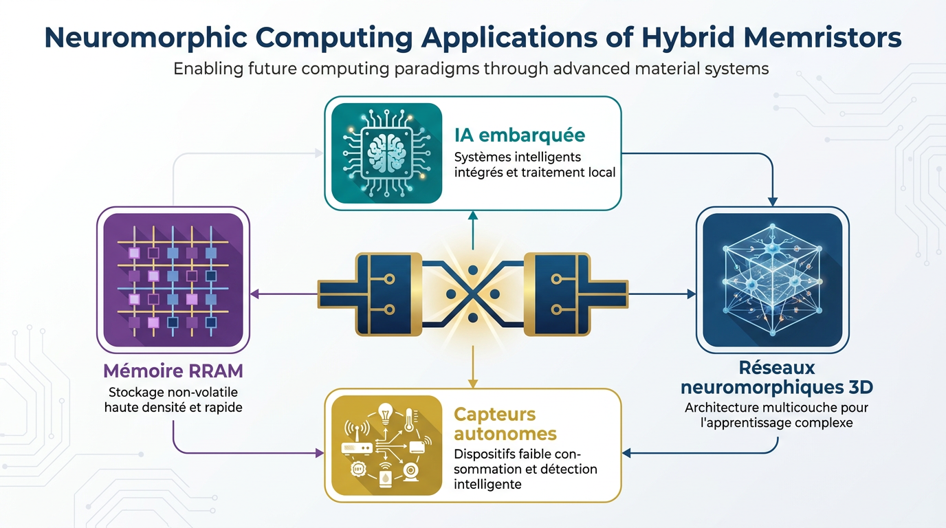 Infographie des applications futures des memristors hybrides : IA embarquée, réseaux neuromorphiques 3D, capteurs autonomes, mémoire RRAM