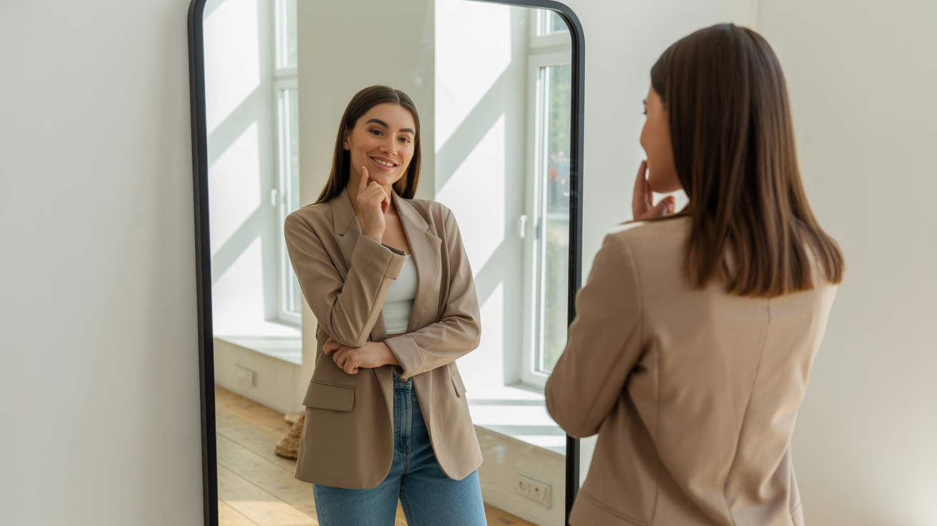 Kobieta przymierzająca ubranie przed lustrem