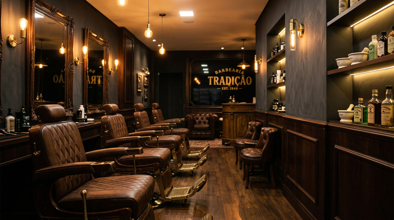 Interior da Barbearia FA com cadeiras de couro e iluminação âmbar