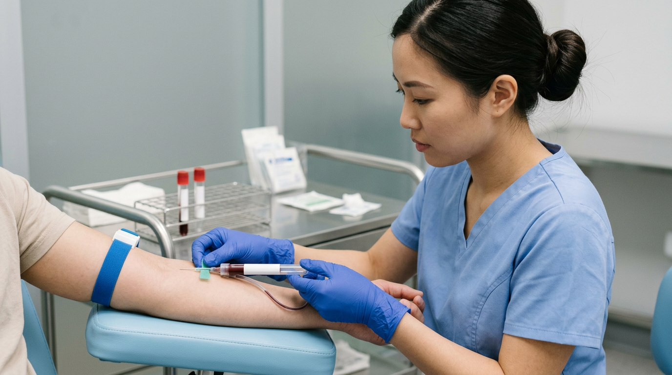 East Asian female phlebotomist drawing blood from a veteran's arm to rule out other causes of chronic fatigue