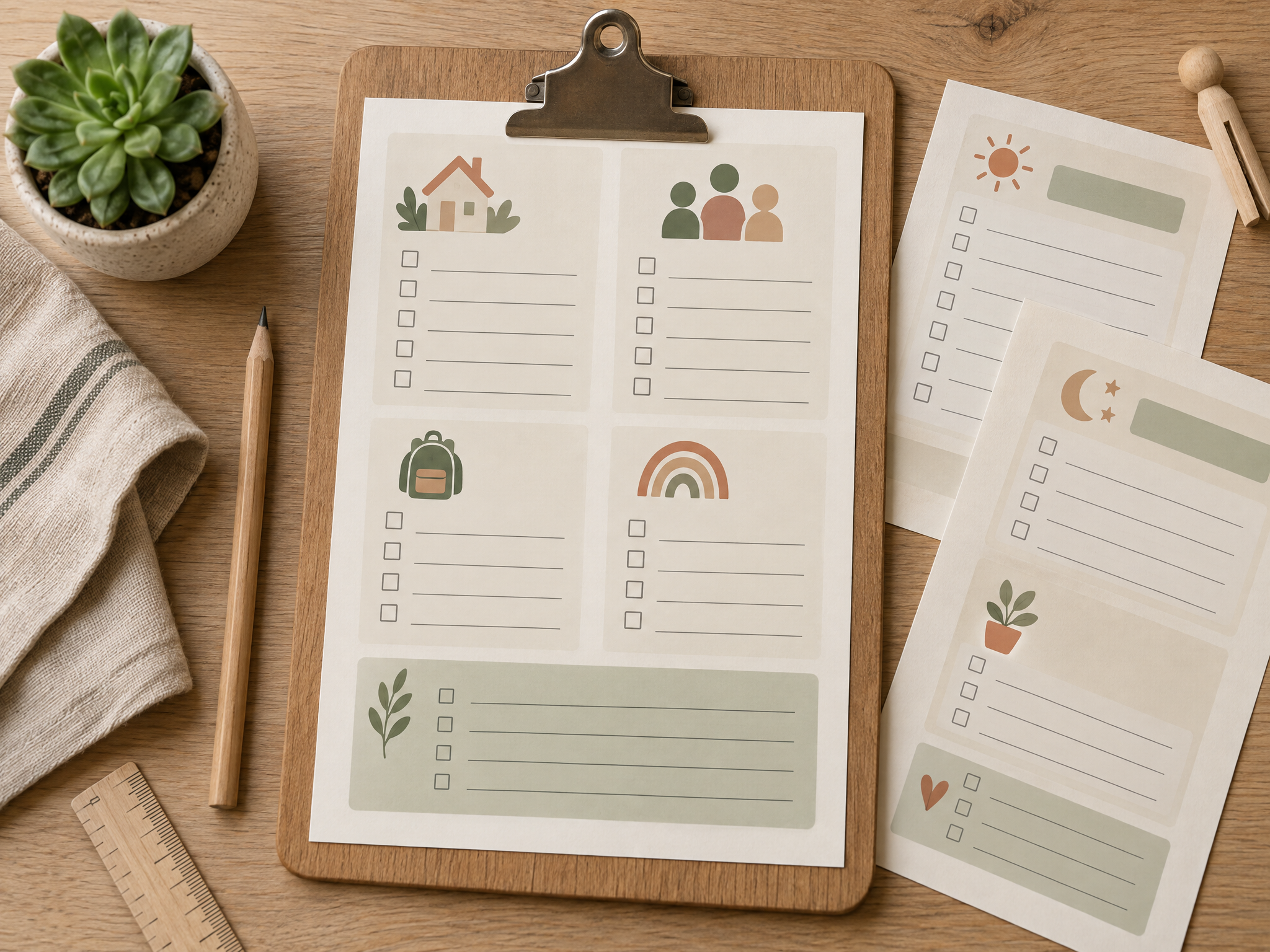Printable organizer pages with checklists on a wooden clipboard