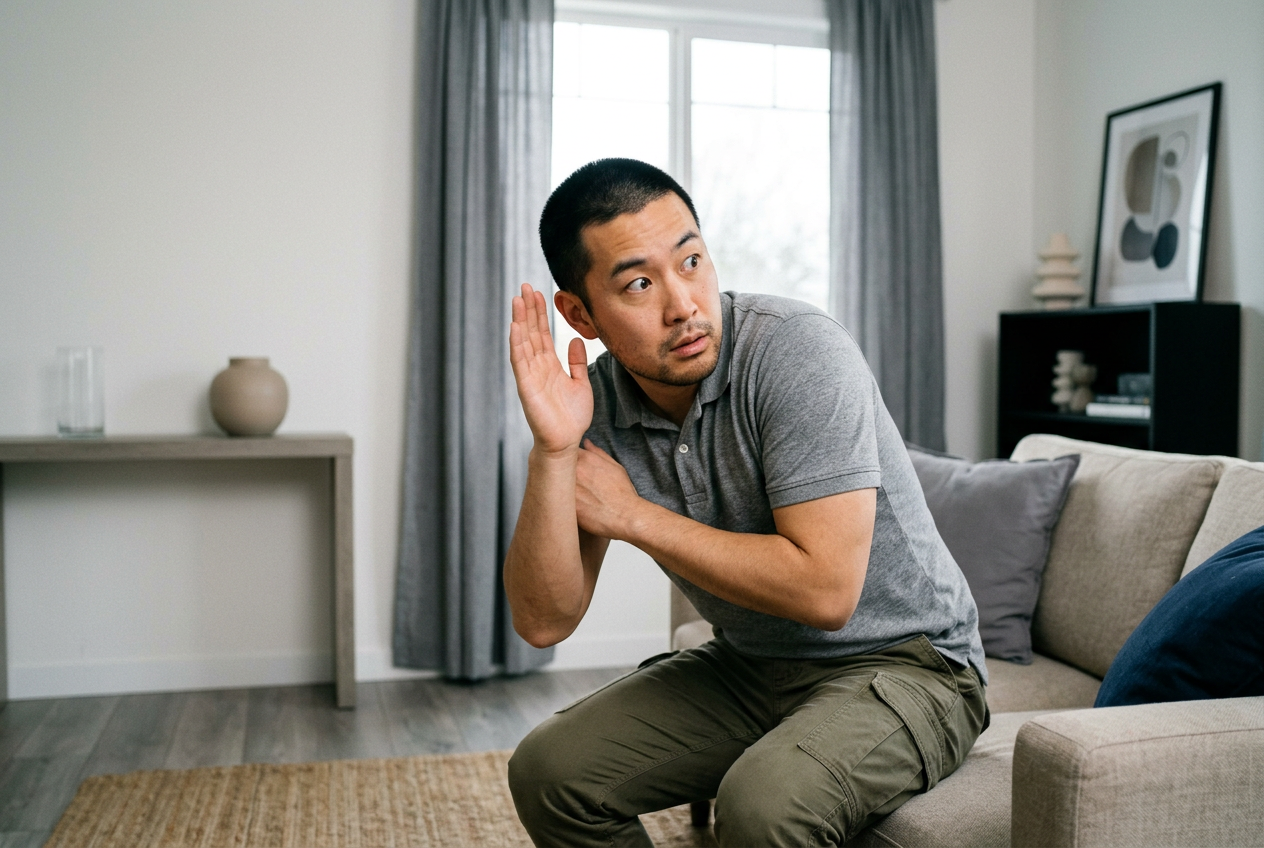 A man in a living room flinching sharply with wide eyes and a defensive posture in reaction to a sudden sound