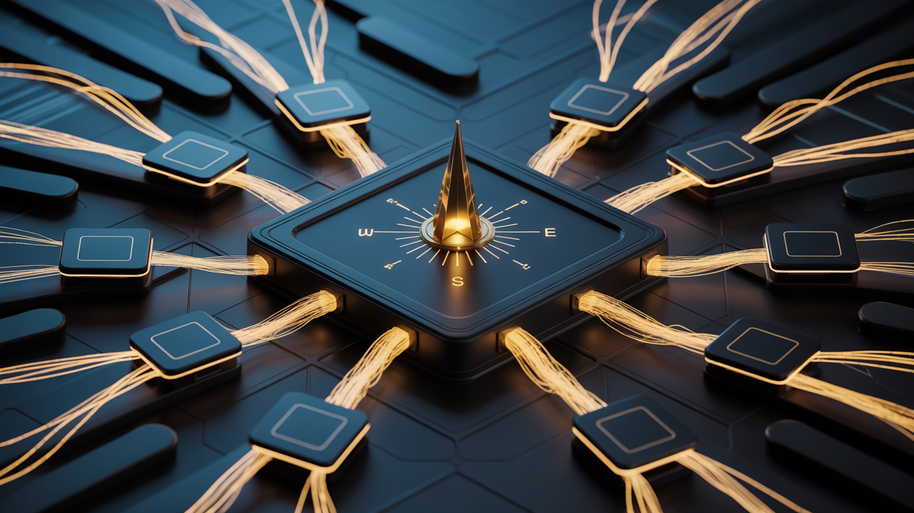 Cinematisches Editorial-Visual eines dunklen Kommandozentrums mit goldenem Leuchtfeuer-Kompass im Zentrum, umgeben von autonomen digitalen Workflows, die wie neuronale Pfade nach außen strahlen – Symbol für zielorientierte agentische KI-Arbeit