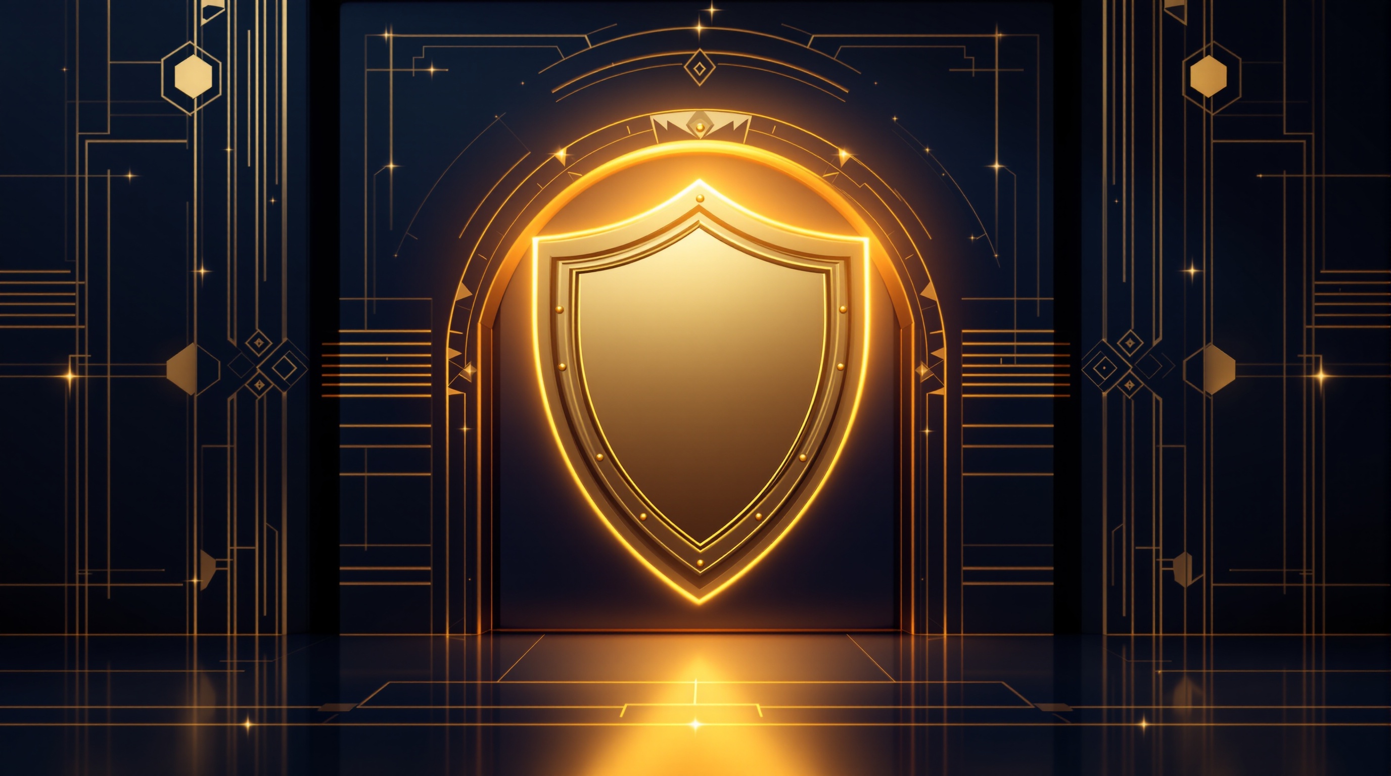 Abstract golden shield representing the security architecture of Legacy on Chain
