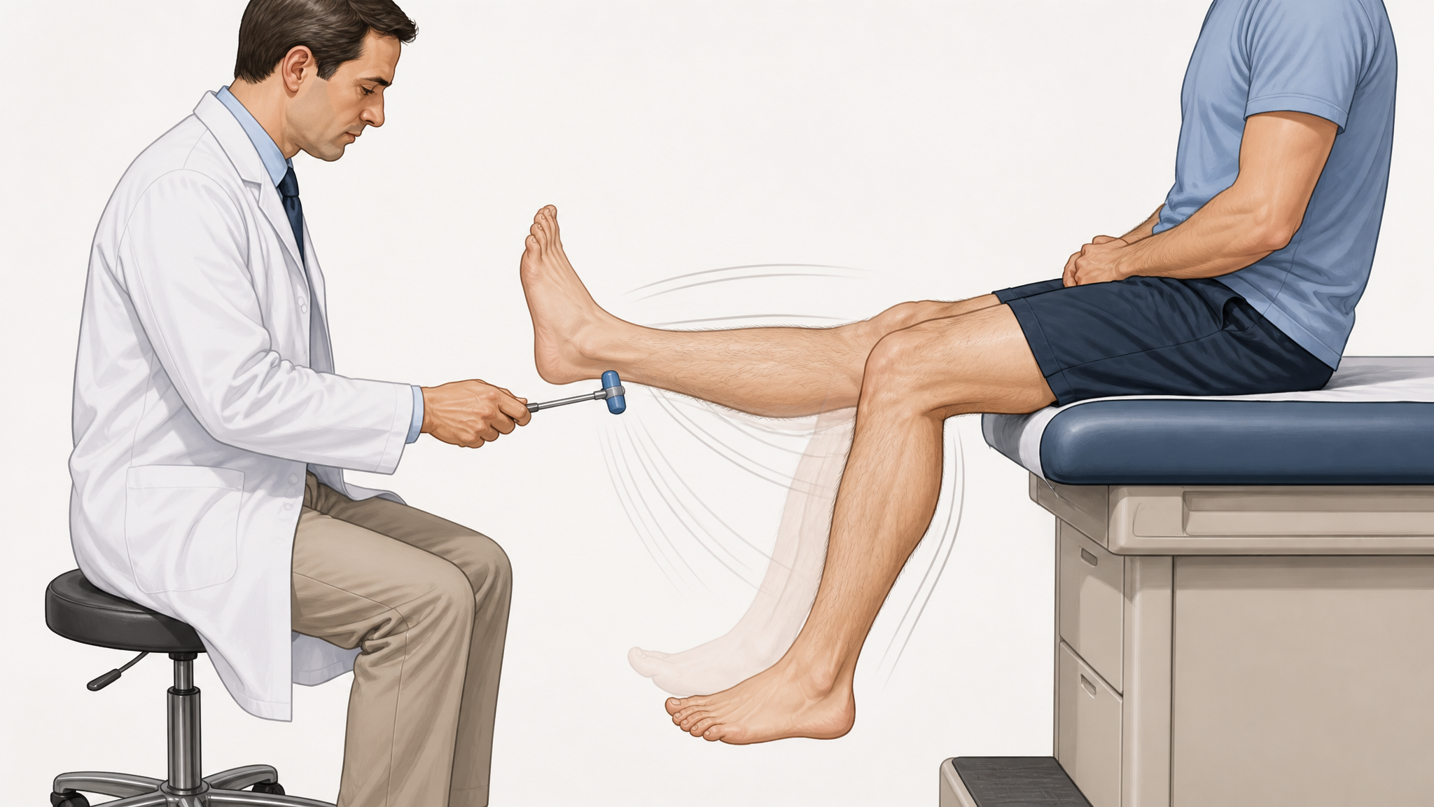 Illustration of a clinician tapping a seated patient's knee with a reflex hammer, the leg kicking out briskly with hyperreflexia