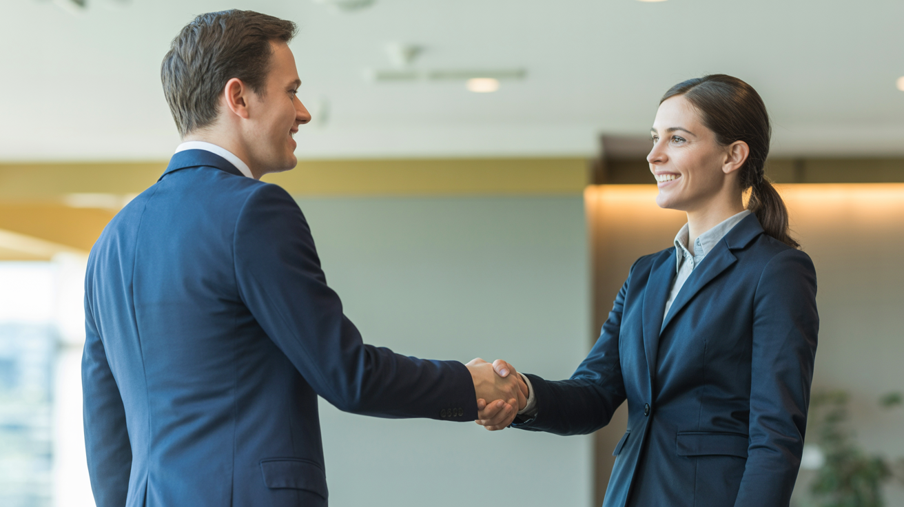 Business professionals shaking hands representing commercial partnerships and brokerage