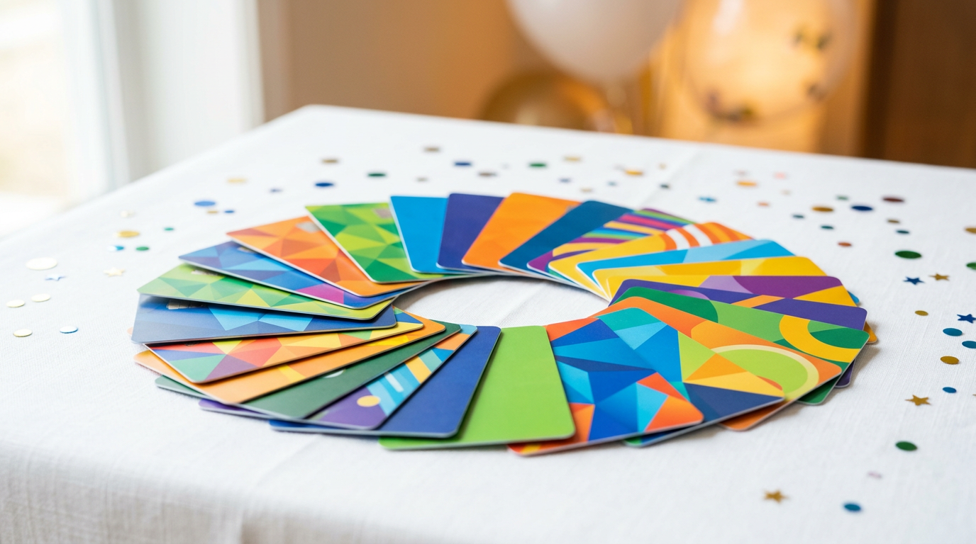 Colorful gift cards fanned out in a celebratory arrangement