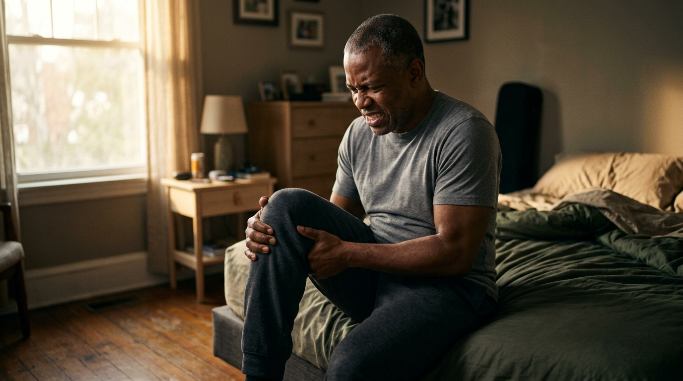 Black male veteran in his late 40s sitting on the edge of a bed grimacing as he struggles to lift his right thigh toward his chest during morning hip flexion limitation