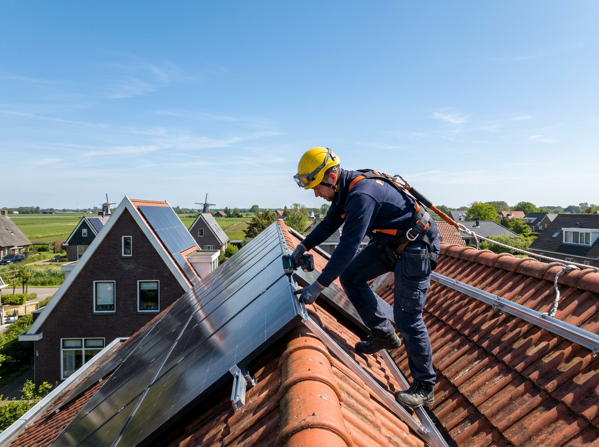 Zonnepanelen installateur aan het werk