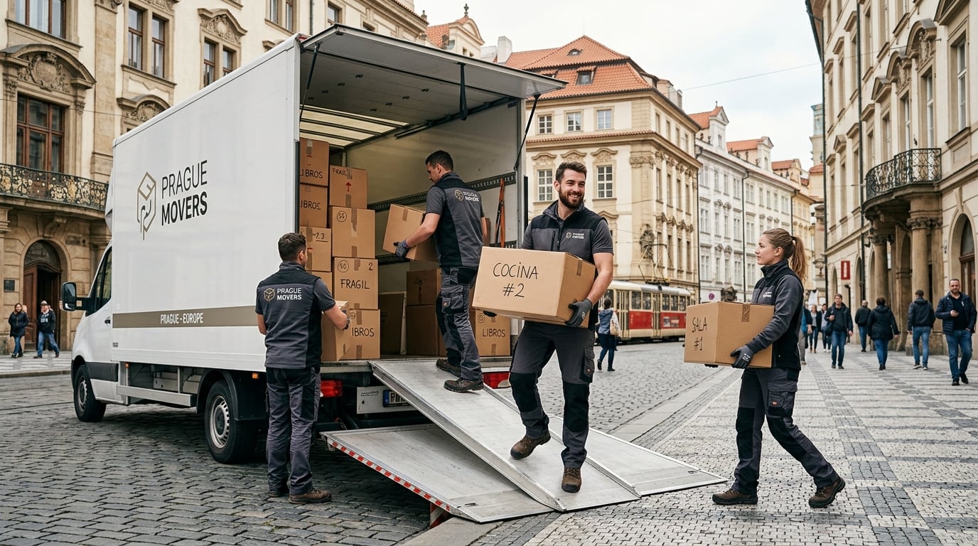 Equipo profesional de mudanzas en Praga