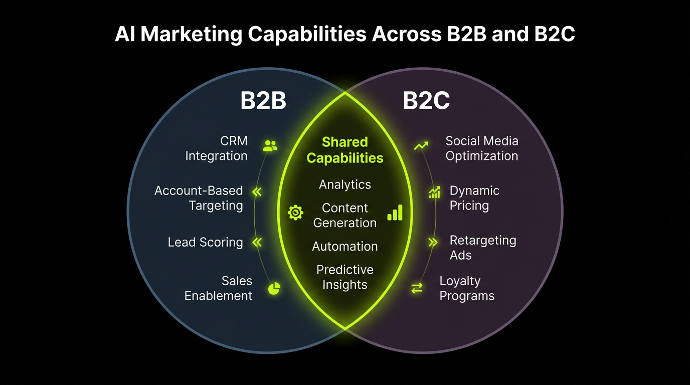 Venn diagram showing shared and unique AI marketing capabilities across B2B and B2C contexts