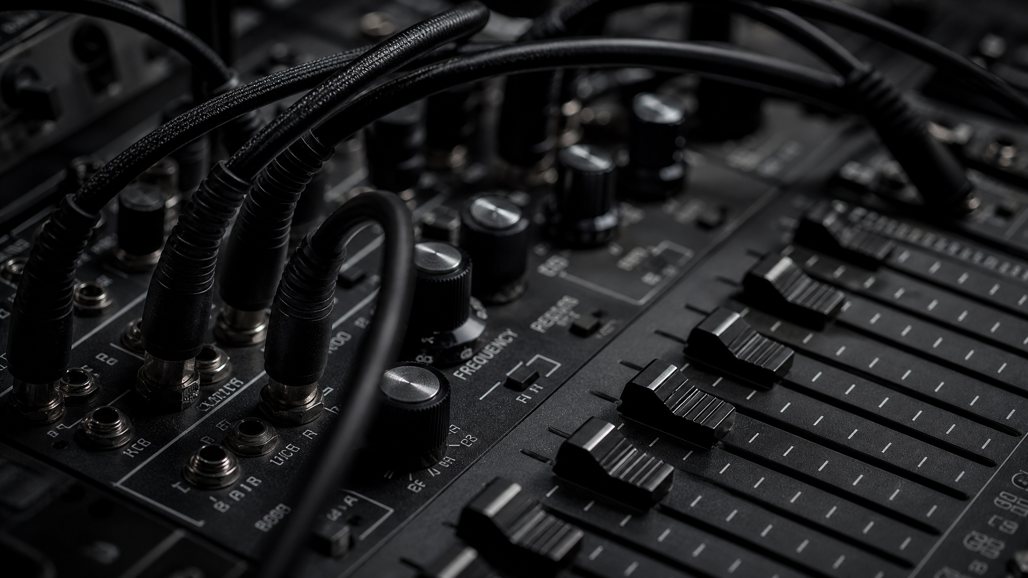 Macro detail of analog modular synthesizer patch cables and faders