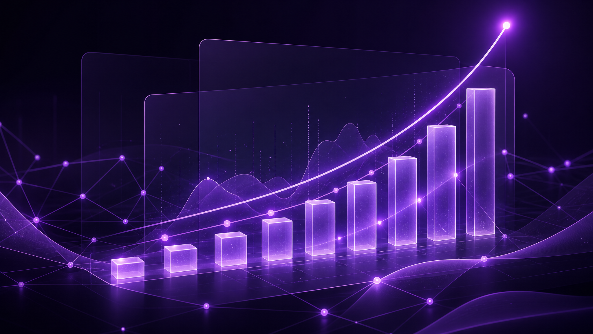 An abstract content-growth system in dark violet frosted glass — interconnected glowing violet nodes and rising bars and curves suggesting posts, reels and engagement growing over time