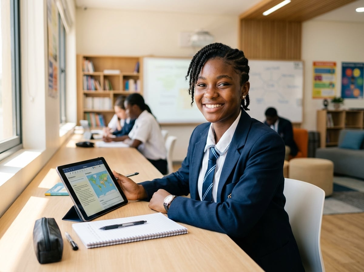 Beautiful young Ghanaian girl student smiling confidently while studying with a tablet