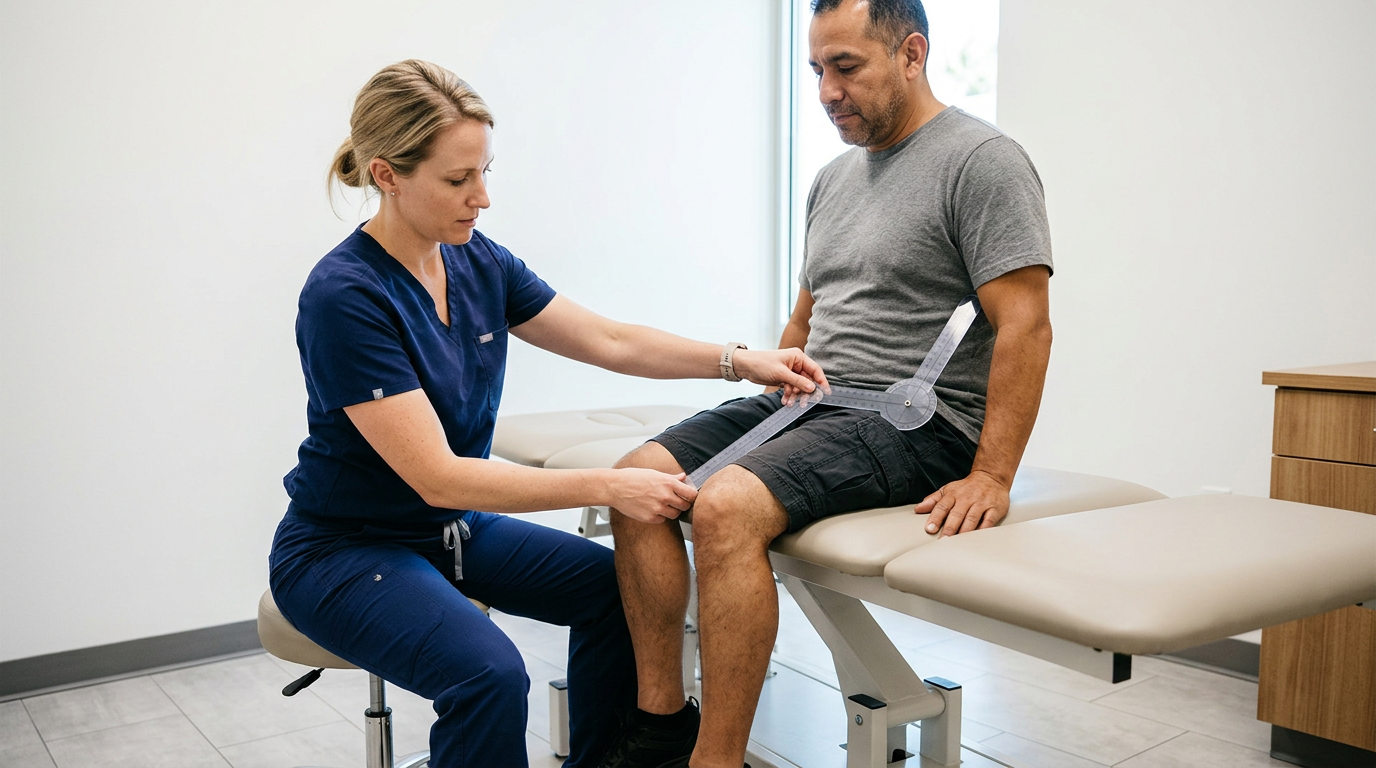 White female clinician using a goniometer to measure the hip flexion angle of a seated Hispanic male veteran patient in a clinical exam room