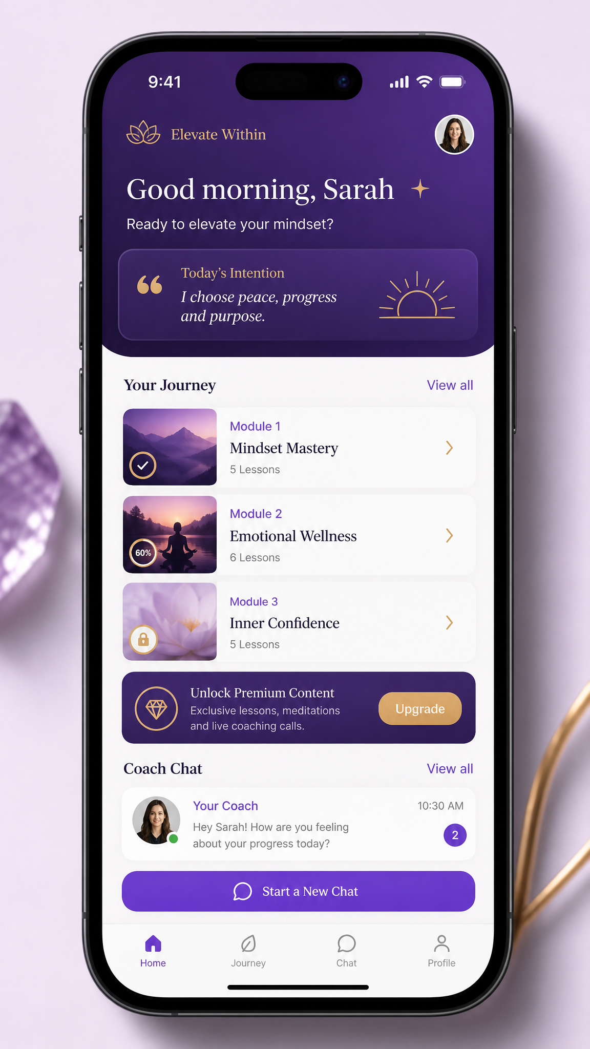 App Mujeres Admirables mostrando interfaz de coaching