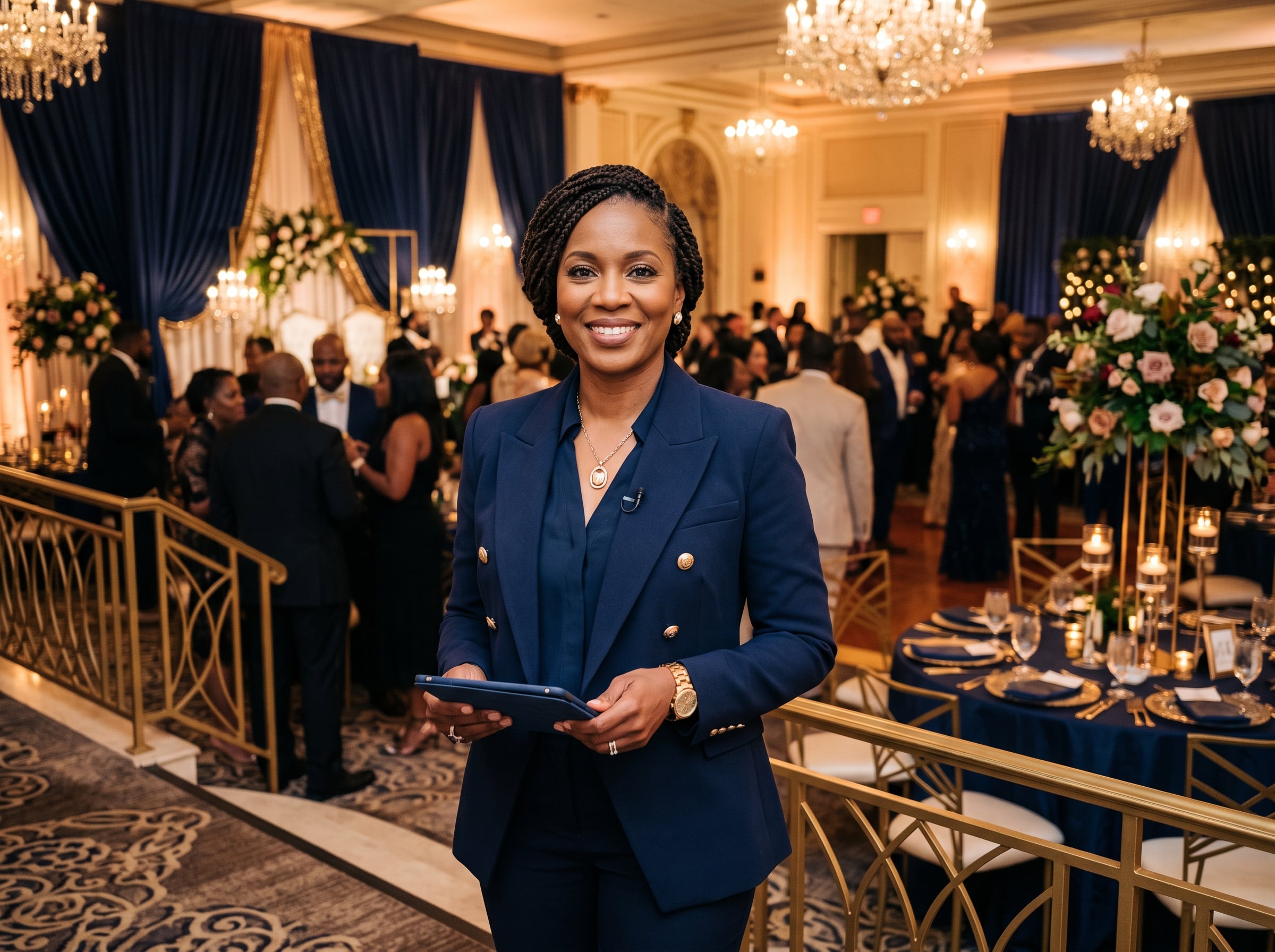 Founder of Apex Event & Hospitality Staffing overseeing an upscale event venue with confidence and warmth