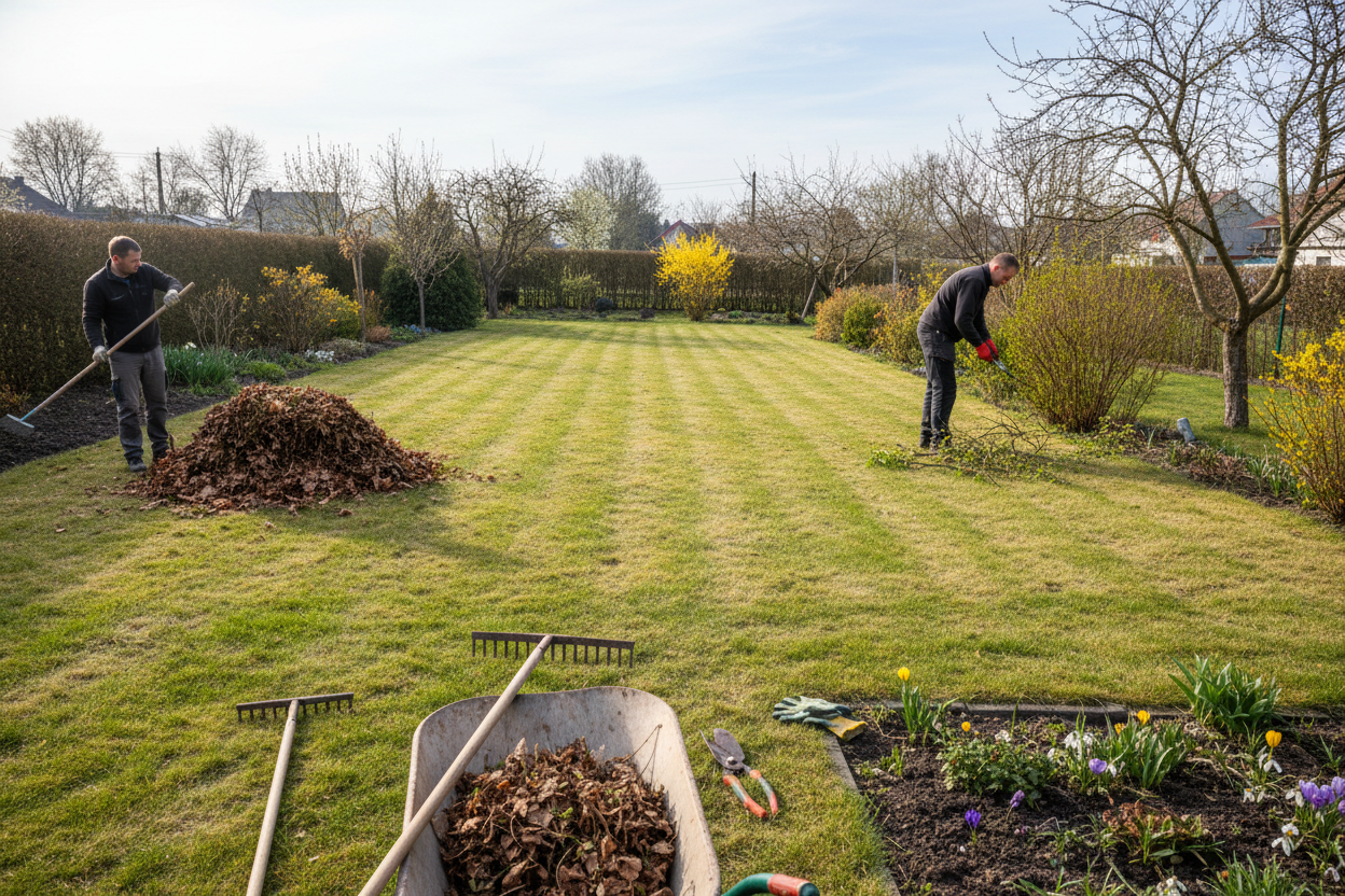 Wiosenne prace porządkowe w ogrodzie – grabienie liści i przygotowanie trawnika