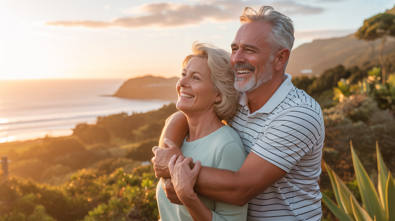 Happy retired couple enjoying a scenic coastal view at sunset
