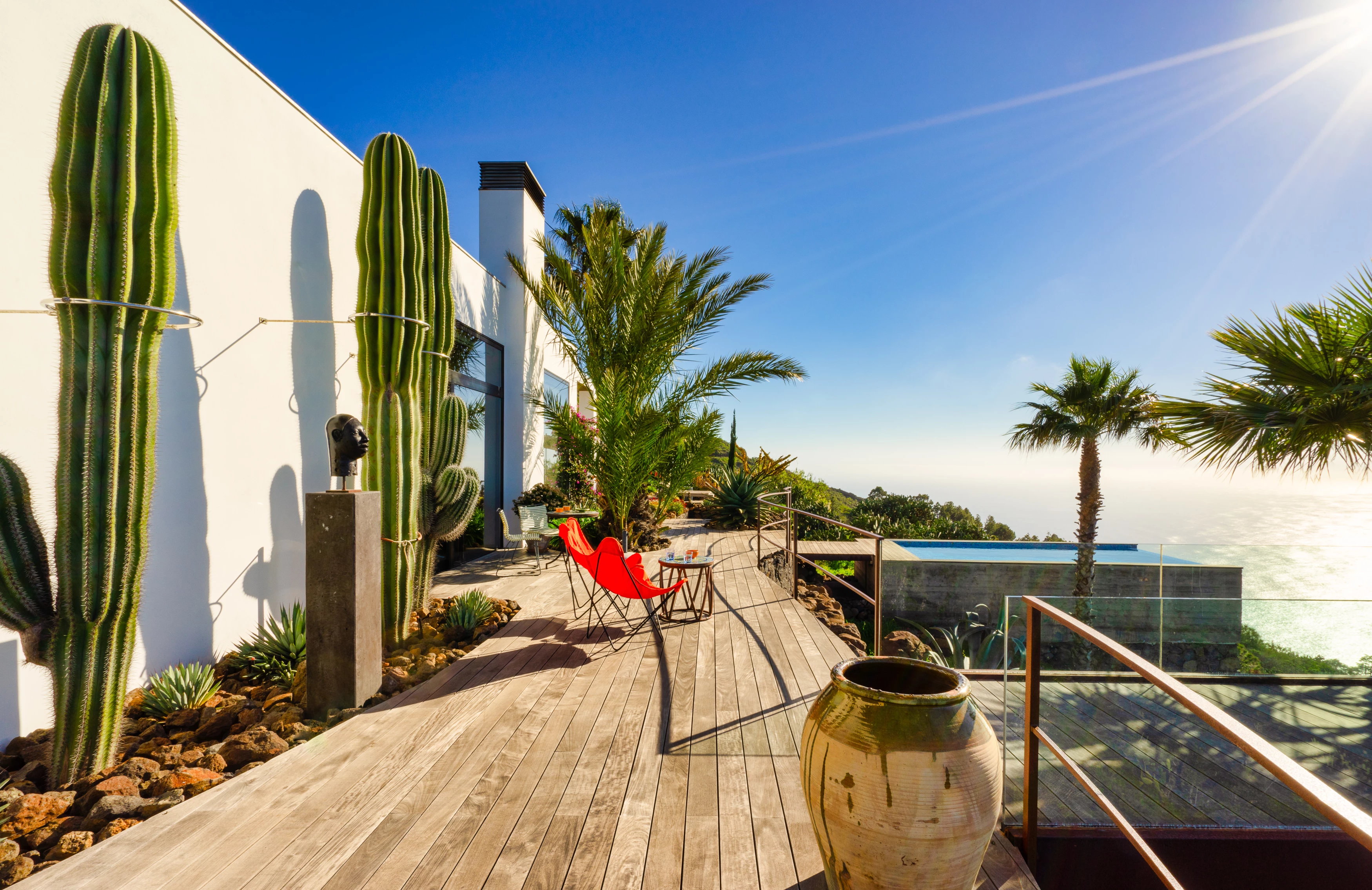 White villa walls with cacti, palm trees and ocean backdrop
