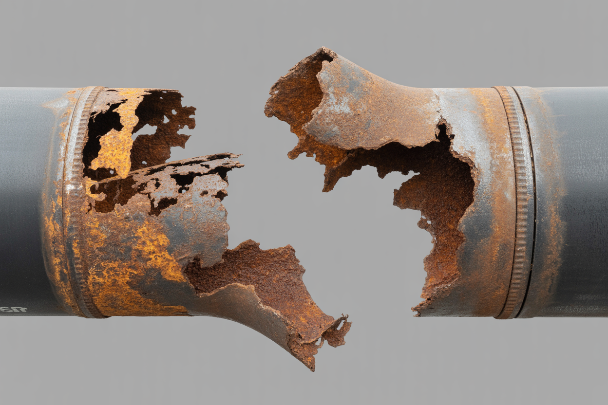Corroded gas line showing deterioration and safety risks